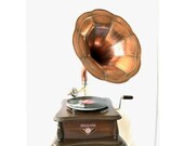 VICTORIA Gramophone Record player with Square Base Copper Horn. Antique, Vintage, Home Decor, Record Player, Gifts, Living room decor