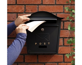 Wall Mounted Post Box Black, Simple Contemporary Design Mailbox with Lock, Sleek Rustproof Letterbox with Fixtures, Housewarming Gifts