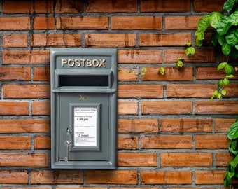 Post Box Grey Wall Mounted/Pole Mounted, Cast Iron Mailbox With Lock, Large Letterbox Outdoor, Home Decor, Housewarming Gifts, British Gifts