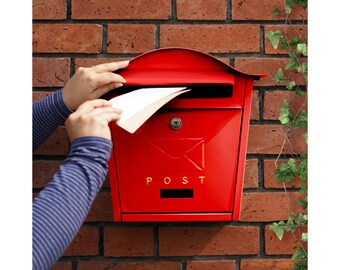 Wall Mounted Post Box Red, Simple Contemporary Design Mailbox with Lock, Sleek Rustproof Letterbox with Fixtures, Housewarming Gifts