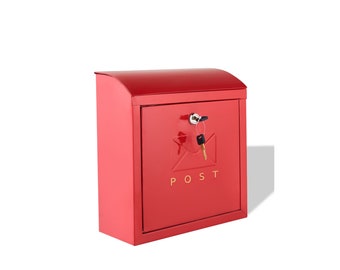 Post Box Red with Lock, Contemporary Design Wall Mounted Large Letter Mailbox, Sleek Rustproof Letterbox with Fixtures, Housewarming Gifts