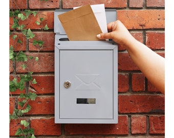 Post Box Grey with Lock, Wall Mounted Cast Iron Contemporary Mailbox with Lock, Outdoor Rustproof Letterbox with Fixtures, Housewarming Gift