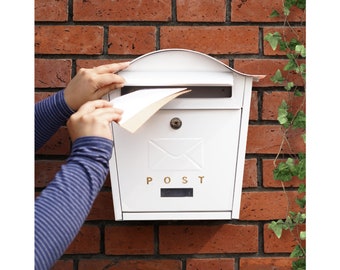 Wall Mounted Post Box White, Simple Contemporary Design Mailbox with Lock, Sleek Rustproof Letterbox with Fixtures, Housewarming Gifts