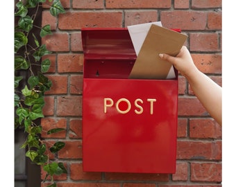 Wall Mounted Post Box Red, Simple Contemporary Design Large Letter Mailbox, Sleek Rustproof Letterbox with Fixtures, Housewarming Gifts