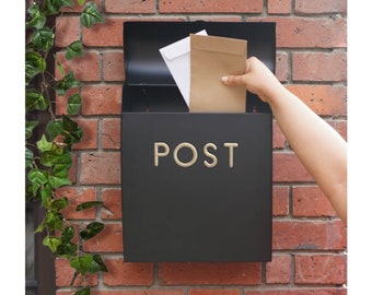 Wall Mounted Post Box Black, Contemporary Design Small Mailbox, Simple Sleek Rustproof Letterbox with Fixtures, Housewarming Gifts