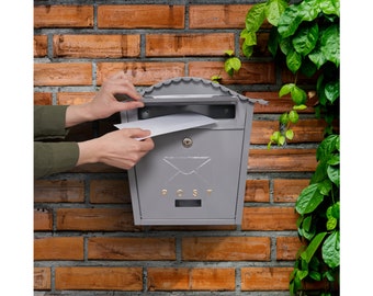 Wall Mounted Post Box Grey with Lock, Contemporary Design Large Letter Mailbox, Sleek Rustproof Letterbox with Fixtures, Housewarming Gifts