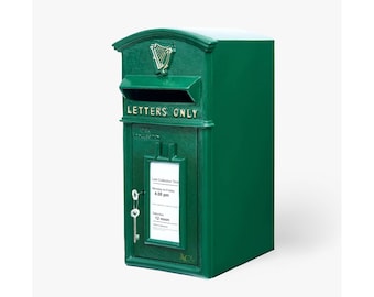 Post box Green Irish Shamrock, Cast Iron Mailbox Freestanding/Wall mounted Letterbox with Lock Housewarming Gifts