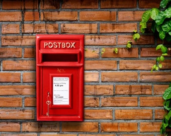 Wall Mounted Red Post Box with Lock, Cast Iron Large Letter Mailbox, Outdoor Letterbox, Rustproof Postbox, Housewarming Gifts