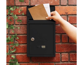 Post Box Black with Lock, Wall Mounted Simple Contemporary Design Mailbox, Outdoor Letterbox with Fixtures, Housewarming Gifts