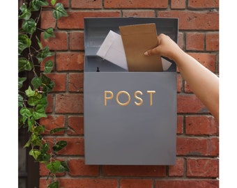 Wall Mounted Post Box Grey, Contemporary Design Small Mailbox, Simple Sleek Rustproof Letterbox with Fixtures, Housewarming Gifts