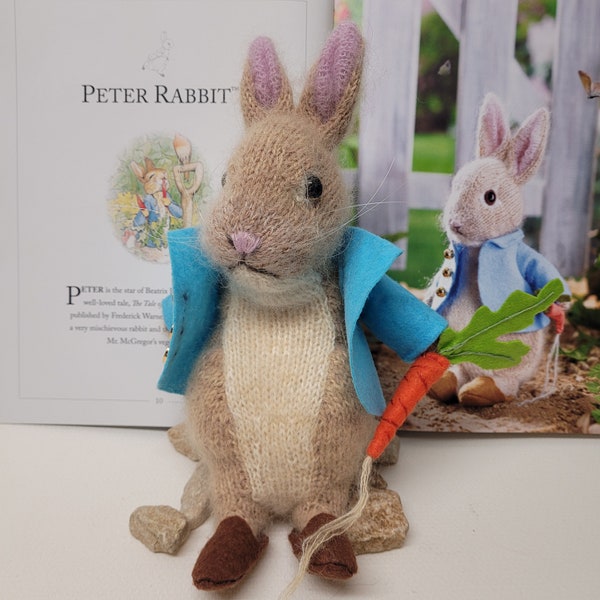 Pierre Lapin (Peter Rabbit), directement sorti des contes de Beatrix Potter, tricoté à la main, modèle de Claire Garland (DotpebblesKnits)