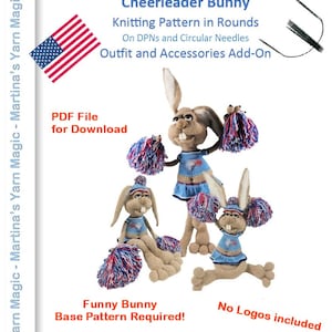 Peut inclure: Un téléchargement PDF pour un patron de tricot intitulé "Cheerleader Bunny". L'image montre trois lapins en peluche en tenues de pom-pom girls avec des pompons. Le patron comprend des tenues et des accessoires. Le drapeau américain est en haut à gauche.