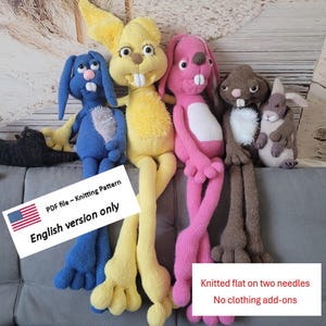 May include: A collection of handmade knitted bunny dolls in various colors: blue, yellow, pink, and brown. Each bunny has long legs and arms, with detailed facial features. The image includes text that reads "PDF file - Knitting Pattern" and "English version only."