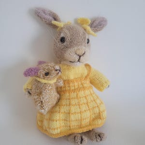 May include: A knitted brown bunny wearing a yellow dress with a plaid pattern holds a smaller brown bunny in its arms. Both bunnies have purple ears.