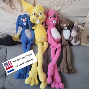 May include: A collection of handmade, knitted bunny rabbit dolls in various colors, including blue, yellow, and pink. Each bunny has long legs and arms, with detailed facial features. A small sign with text and a US flag is visible.