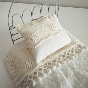 Miniature dollhouse bed cover & matching pillow  / 1:12th scale dollhouse bed / Vintage Victorian inspired miniature lace patchwork bedding