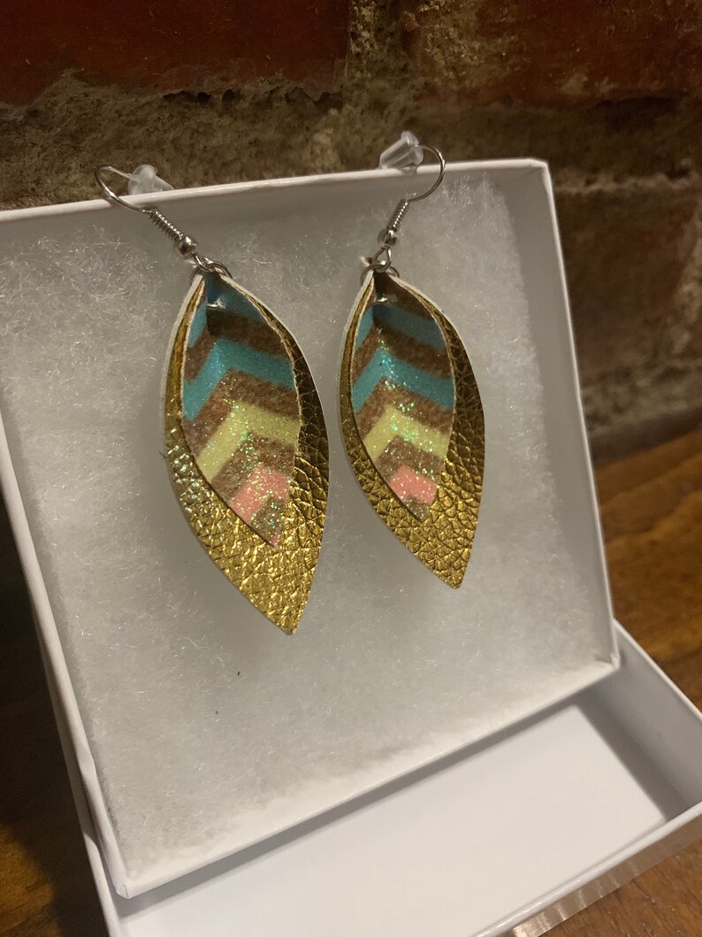 2 layer suede leather gold and pastel earrings.