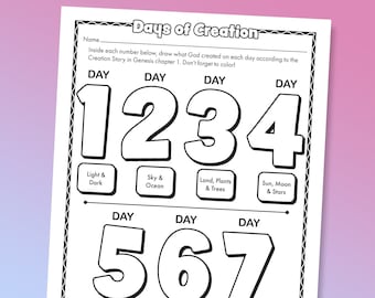 May include: Black and white printable worksheet titled "Days of Creation." The worksheet includes numbers 1-7 with prompts to draw what God created each day, based on the Genesis story. Includes text "Created by @NicoleMakesCatholic 2022."
