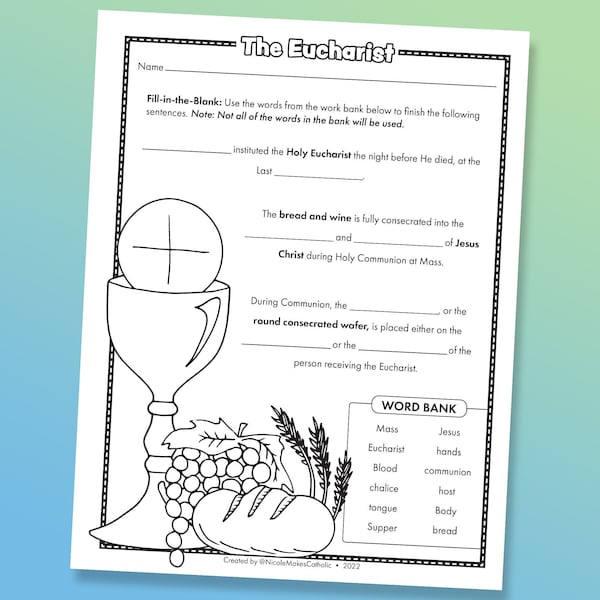 Printable Holy Eucharist Fill-in-the-Blanks Worksheet | Digital Download