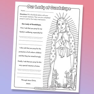 Hoja de trabajo imprimible con oración a Nuestra Señora de Guadalupe / Descarga digital