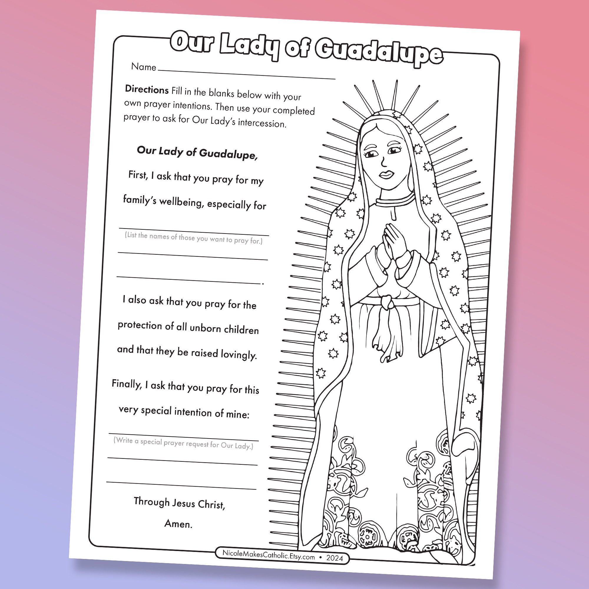 Printable Our Lady of Guadalupe Prayer Worksheet | Digital Download - Etsy
