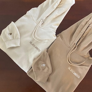 Custom Embroidered Roman Numeral Hoodie - Couples Gift - Personalized Gift Date Hoodie Initial on Sleeve - Engagements, 1st Anniversary gift