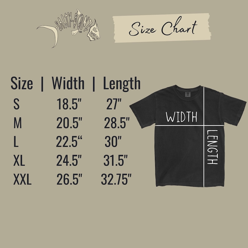 May include: A black t-shirt with a size chart. The chart shows measurements for width and length in inches for sizes S through XXL. The shirt's width ranges from 18.5" to 26.5", and the length ranges from 27" to 32.75".
