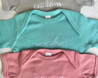 Personalized Pregnancy Announcement Bodysuit: Embroidered Baby Name Onesie