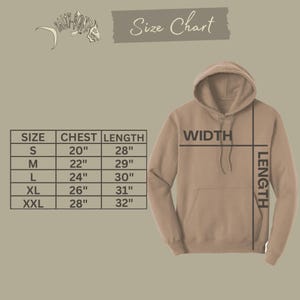 May include: Size chart for a hoodie with measurements in inches for chest, length, and width. The sizes are S, M, L, XL, and XXL.