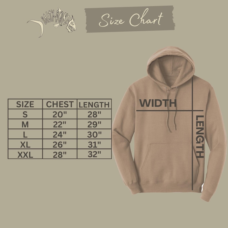 May include: Size chart for a hoodie with measurements in inches for chest, length, and width. The sizes are S, M, L, XL, and XXL.