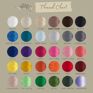 May include: Thread chart displaying a range of embroidery floss colours. The colours are arranged in rows and labelled with their names, such as white, bone, ecru, sand dune, chocolate, black, royal blue, peacock, baby blue, silver, nickel, charcoal, navy, purple, rose, hot pink, light pink, mauve, yellow, gold, sunset, tangerine, red, maroon, champagne, lime green, green, olive, pine green, and lavender.
