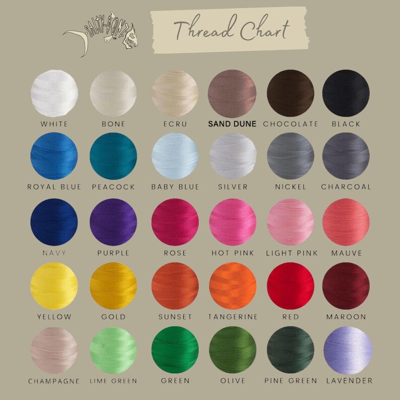 May include: Thread chart displaying a range of embroidery floss colours. The colours are arranged in rows and labelled with their names, such as white, bone, ecru, sand dune, chocolate, black, royal blue, peacock, baby blue, silver, nickel, charcoal, navy, purple, rose, hot pink, light pink, mauve, yellow, gold, sunset, tangerine, red, maroon, champagne, lime green, green, olive, pine green, and lavender.