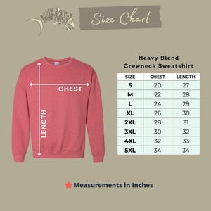 May include: A red crewneck sweatshirt with a size chart. The chart shows chest and length measurements in inches for sizes S to 5XL. The text "Measurements in Inches" is at the bottom.