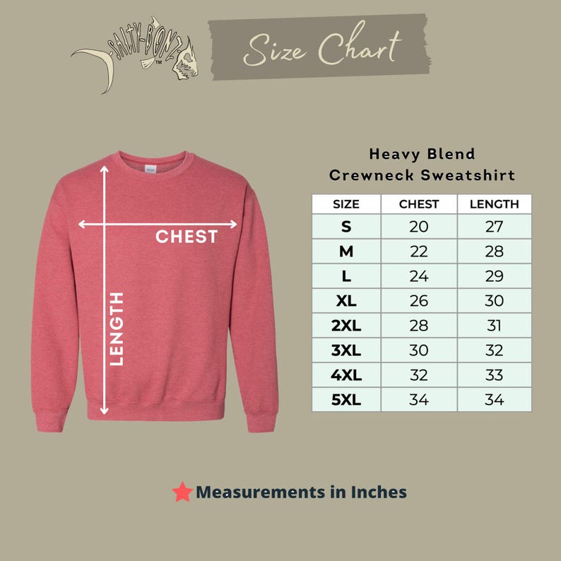 May include: A red crewneck sweatshirt with a size chart. The chart shows chest and length measurements in inches for sizes S to 5XL. The text "Measurements in Inches" is at the bottom.