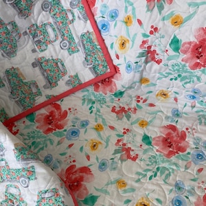Handmade Whole cloth baby Quilt Reversible Floral Vintage Trucks