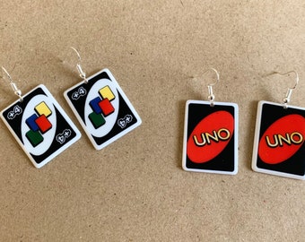 Novelty Uno +4 Card Hook Earrings | Stocking Filler or Secret Santa Gift | Fun Family Game Jewellery | Clip Ons Available