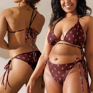 Strawberry Polka Dot String Bikini, Dark Red Kawaii Summer Swimwear