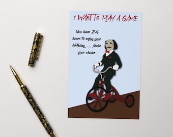 Saw Birthday Card with Billy Puppet on Tricycle – Horror Movie Greeting Card 4x6