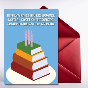 Romance romantique d'anniversaire imprimable | Téléchargement numérique, conception de gâteau de livre - PDF amusant de 5 x 7 pouces pour les amateurs de lecture, cadeau pour elle, carte d'amateur de livres