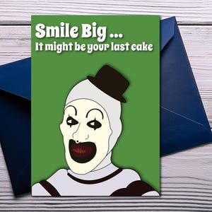 Art the Clown - Terrifier verjaardagskaart | horrorfan, filmfan, digitale download, afdrukbare verjaardagskaart, cadeau voor hem, cadeau voor haar