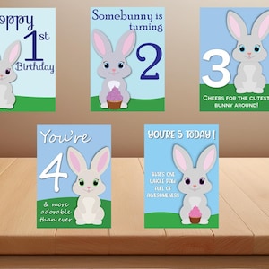 Bundel afdrukbare konijnenverjaardagskaart | Verjaardagskaarten voor kinderen van 1-5 jaar | Digitale download-pdf met schattige dieren | Feestkaart thema konijn