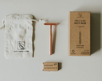 Single Blade Safety Razor | Zero Waste Reusable Razor | Sustainable Shaving Kit | Eco-Friendly Shaving, Rose Gold and Onyx