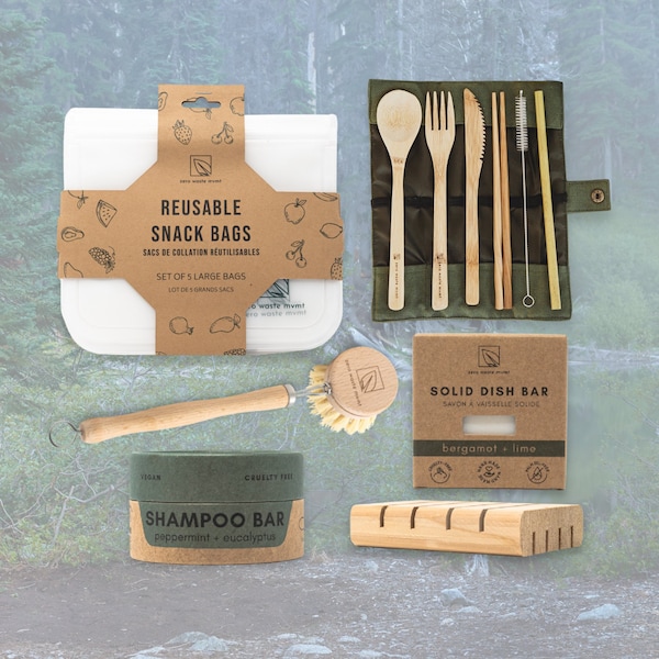 Zero Waste MVMT Camping Essentials Bundle | Eco-Friendly Gift Camping Set | Plastic-Free Products | Solid Dish Soap, Shampoo Bar