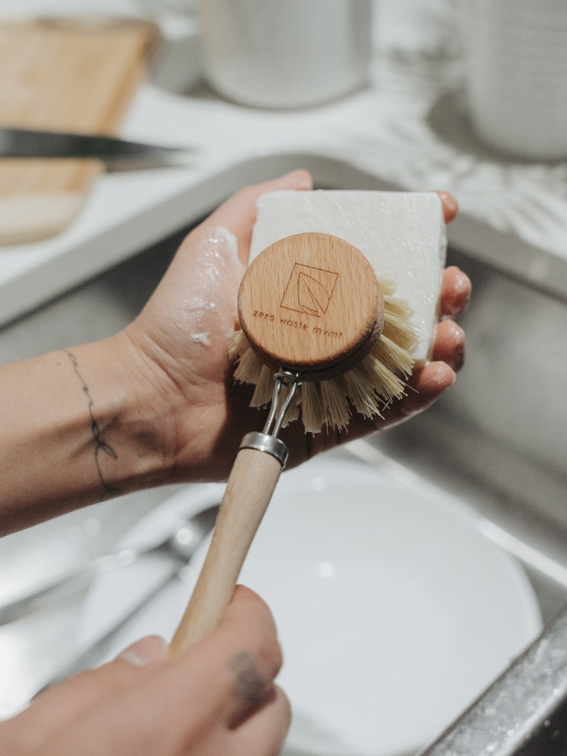 Zero Waste Dish Washing Bundle Eco-friendly Solid Dish Soap Bar, Cedar Soap Tray & Wooden Dish Brush, Complete Zero Waste Kit image 2