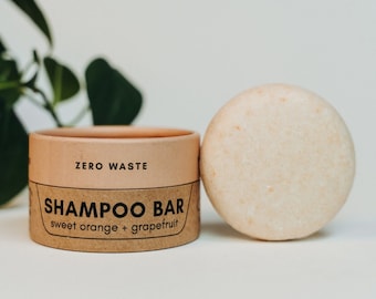 Barra de champú Zero Waste MVMT / Barra de champú sólida para el cuidado natural del cabello / Contenedor de viaje / Naranja dulce + pomelo, más de 50 lavados, equilibrio de pH