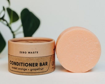 Barra acondicionadora Zero Waste MVMT / Barra acondicionadora sólida para el cuidado natural del cabello / Contenedor de viaje / Naranja dulce + Pomelo