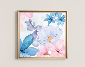 Blue & Pink Floral Watercolor Print: Spring Botanical Art (Digital Download)