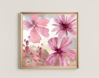 Printable Pink Watercolor Floral Art, Tropical Digital Art, INSTANT DOWNLOAD