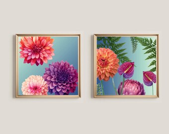 Tropical Floral Print Set: Dahlia, Anthurium, Protea - Teal Botanical Art (Digital Download)