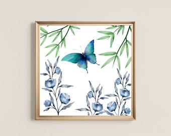 Watercolor Butterfly Floral Wall Art Print, Blue Botanical Flower Artwork, Digital Download